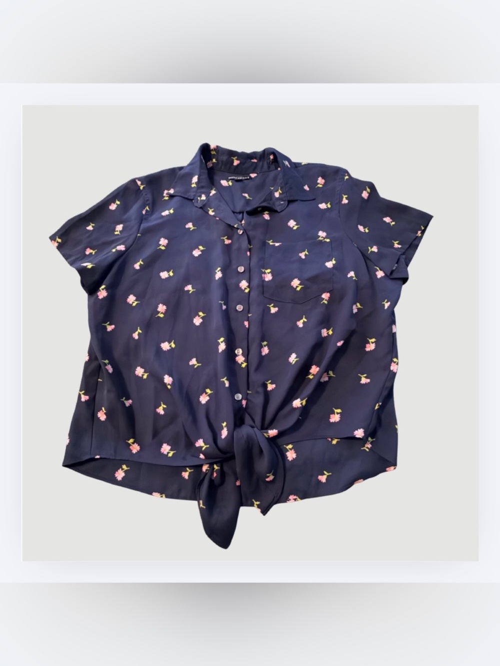 Navy Floral Button-Front Tie Hem Blouse